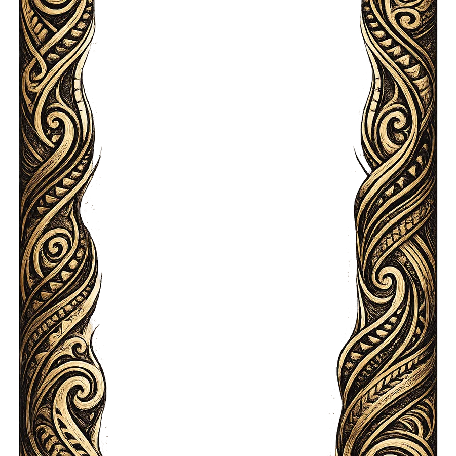 Gold Polynesian-inspired carved border framing the About Us story