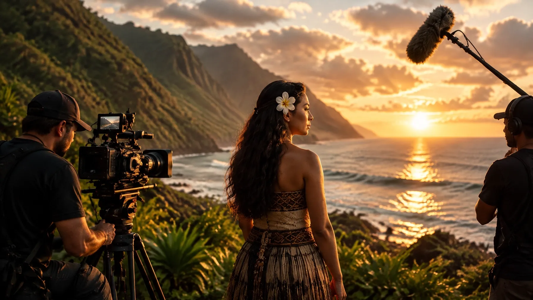 A Polynesian performer and film crew on location at sunset